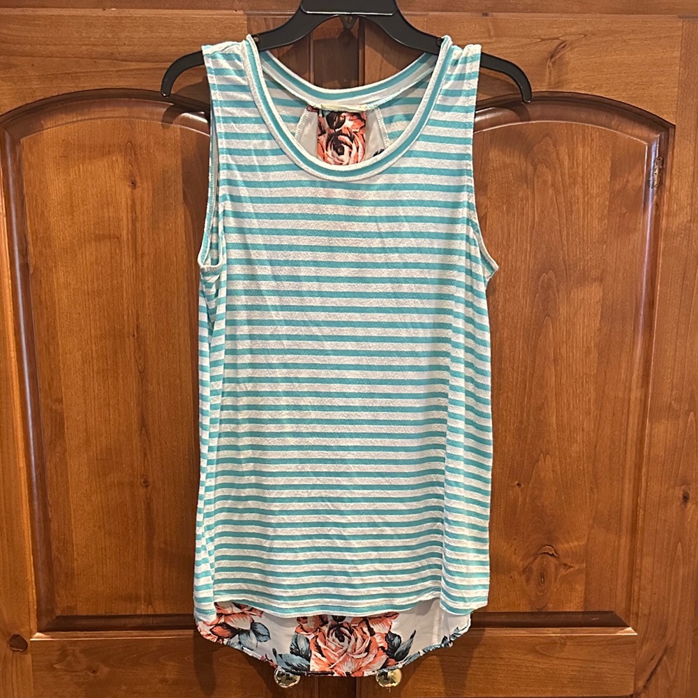 Le Lis Mint & White Striped Tank with Floral Trim